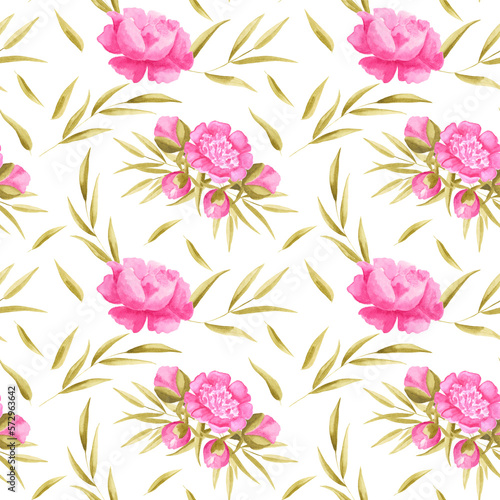 seamless pattern with pink piones watercolor 