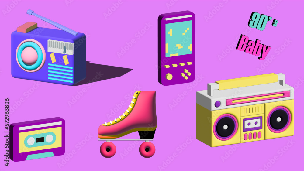 Obraz premium set of icons 90s rollerskate boombox cassette