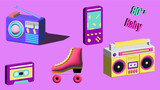 set of icons 90s rollerskate boombox cassette 
