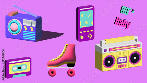 set of icons 90s rollerskate boombox cassette 
