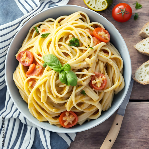 Spaghetti with tomato sauce and basil  Italian style pasta   Generative AI