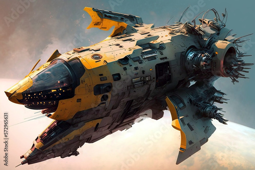 Obraz na plátne Futuristic battle spaceship with laser guns and heavy armor