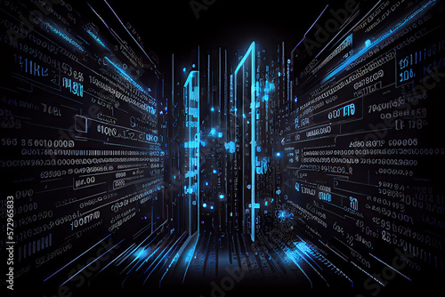 High-speed binary code in data center, composed of 0 and 1, blue lines, glowing lines, black background.