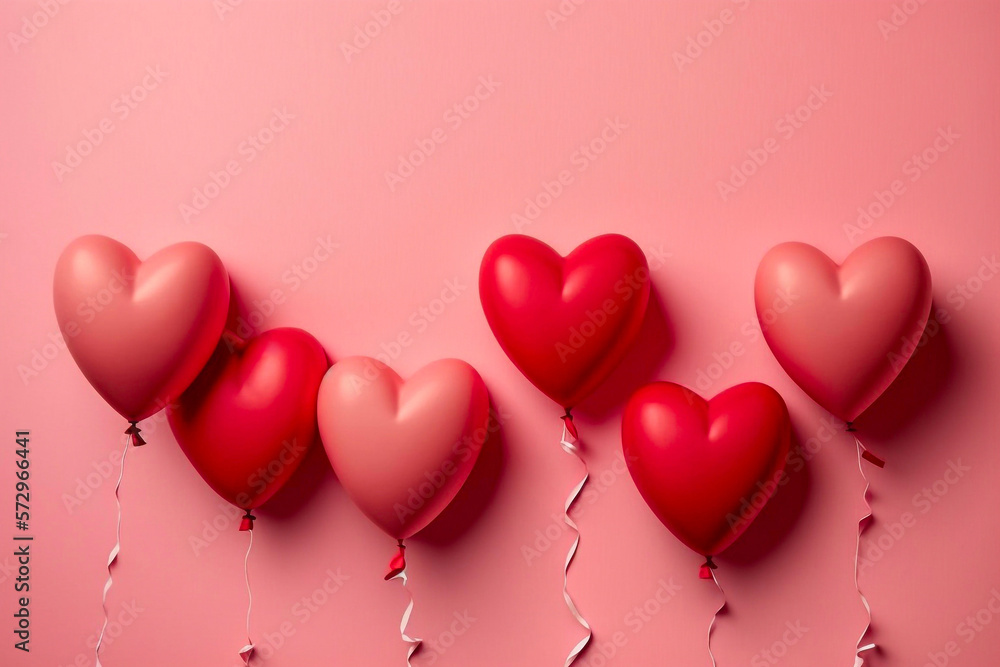 Heart-shaped balloons on a pink background. Generative AI