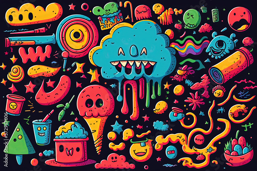 A Quirky Illustration of Random Doodles, Drawings and Sketches Showing Bright Colorful Characters and Items