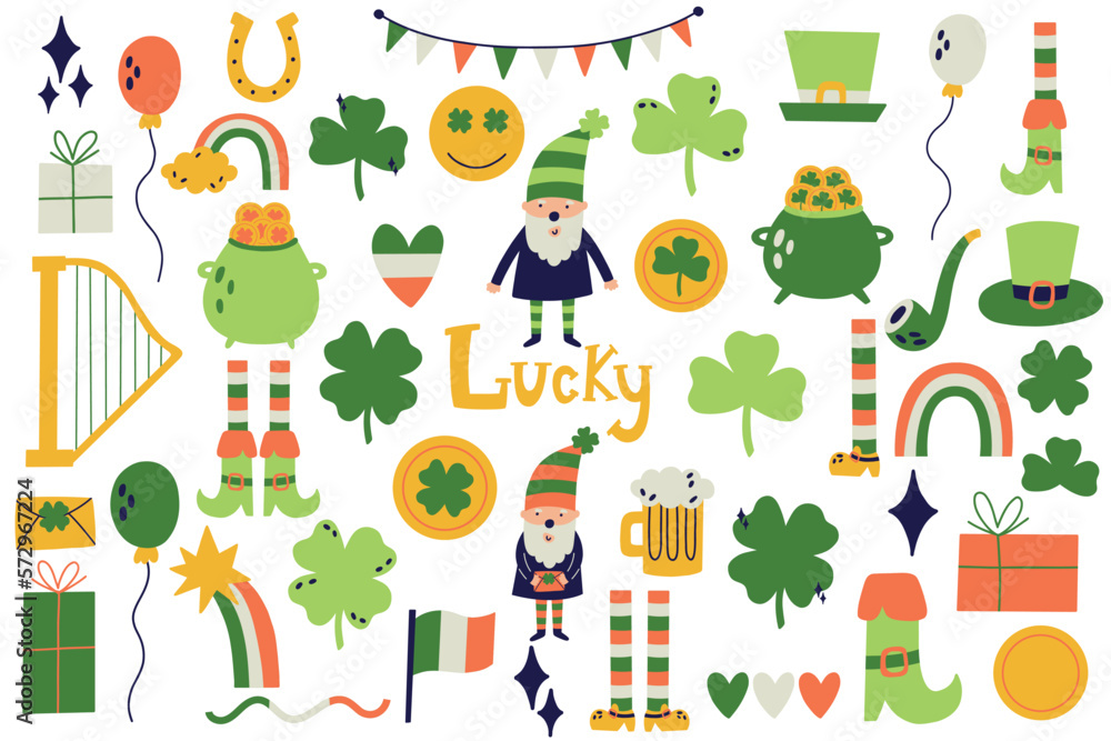 Set Saint Patrick Day Elements Leprechaun, Coin, Clover. St Patrick's Day Collection for decor design. Vector isolated on white background