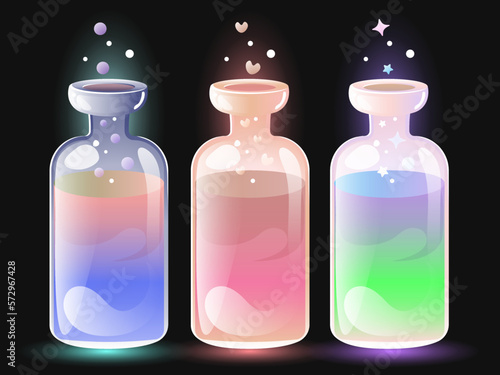 Multicolored bottles with magic potion on a dark background. Glowing liquid with bubbles, neon glass containers. Potion of luck, love. Magic rituals, spells, witches, wizards. Vector illustration