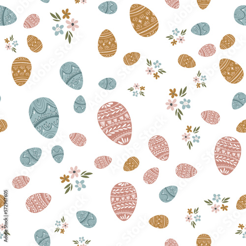 Seamless pattern with Easter eggs and flowers. Flowers, eggs, easter, spring. Textile, print, spring festival.