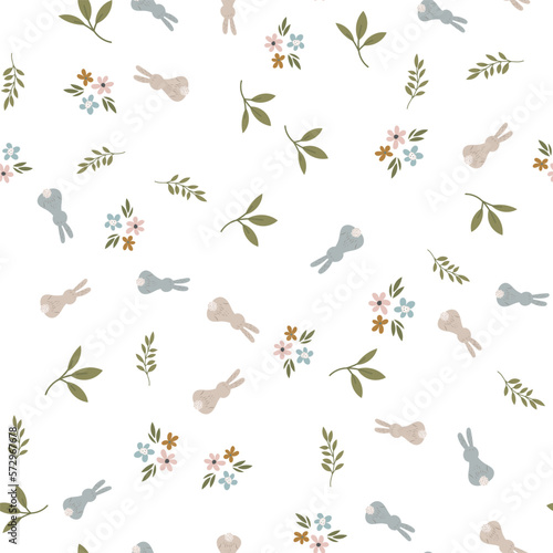 Seamless pattern with rabbits. Hare, Easter, spring, flowers. Childish cute print. Vector graphics. © Prozo