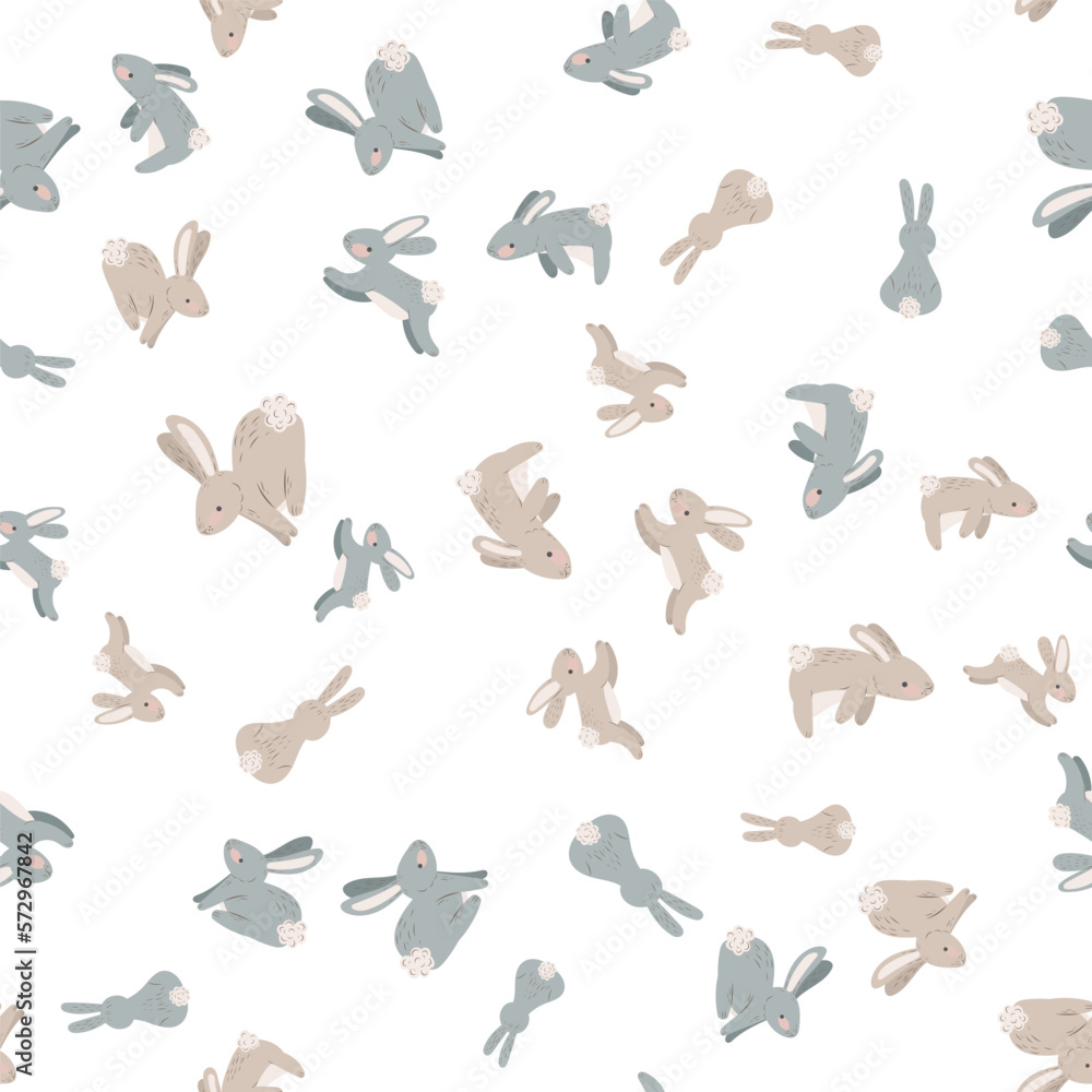 Seamless pattern with rabbits. Hare, Easter, spring, flowers. Childish cute print. Vector graphics. Seamless pattern with rabbits. Hare, Easter, spring, flowers. Childish cute print. Vector graphics.