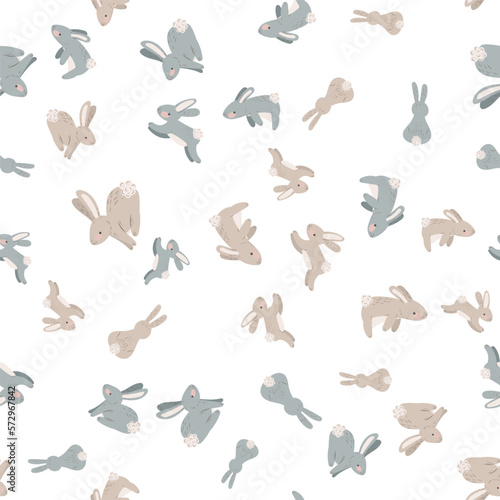 Seamless pattern with rabbits. Hare  Easter  spring  flowers. Childish cute print. Vector graphics.