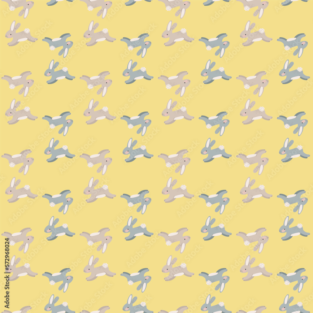 Seamless pattern with rabbits. Hare, Easter, spring, flowers. Childish cute print. Vector graphics. Seamless pattern with rabbits. Hare, Easter, spring, flowers. Childish cute print. Vector graphics.