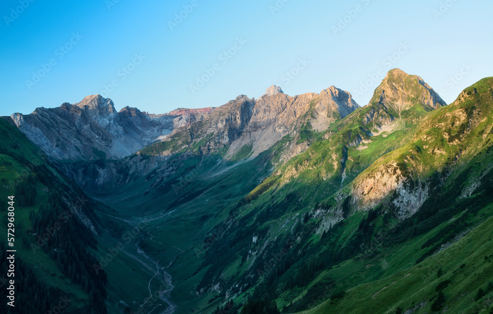Alpine landscape with rocky mountains at a sunny day in summer. Lechtal Alps, Tirol, Austria