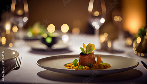 Michelin star quality high cuisine food dish in a very atmospheric restaurant setting with bright daylight and wine on the table, AI generative © Martin