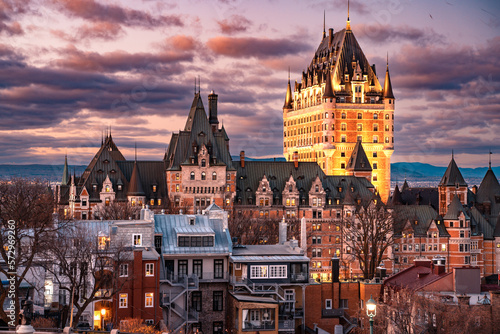 Quebec City Canada sunset view with historic Château Frontenac and old architecture in view photo