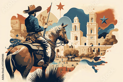 A vibrant digital illustration of Texas, featuring a cowboy on horseback in front of a large lone star, with iconic Texan landmarks and symbols scattered throughout the image. Generative AI photo