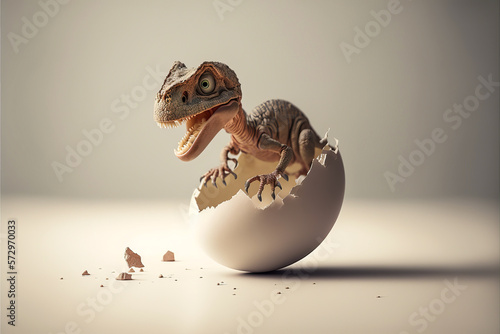Fototapeta Naklejka Na Ścianę i Meble -  A young dinosaur that has just come out of its egg breaks the silence of the birth, in a white setting. A symbolic image of a baby theropod. Generative AI