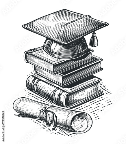 Graduation cap, books stack and diploma scroll. College, study concept. Sketch vintage vector illustration