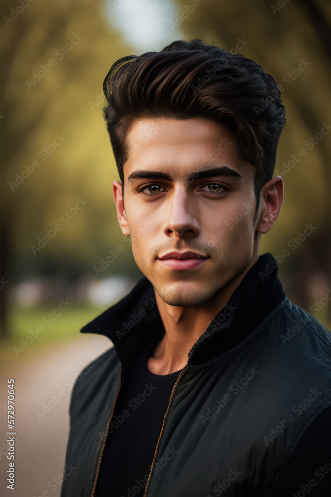 Portrait of a young stylish man wearing a thin jacket and standing in a park, created with generative A.I. technology Portrait of a young stylish man wearing a thin jacket and standing in a park, created with generative A.I. technology