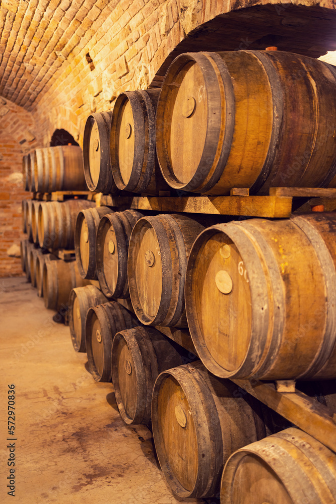 Wine cellars with barrels in Rakvice, Southern Moravia, Czech Republic Wine cellars with barrels in Rakvice, Southern Moravia, Czech Republic