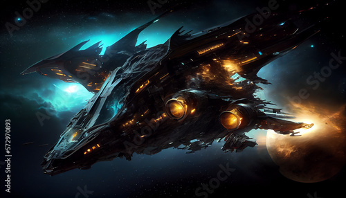 Leinwand Poster Futuristic battle spaceship with laser guns and heavy armor