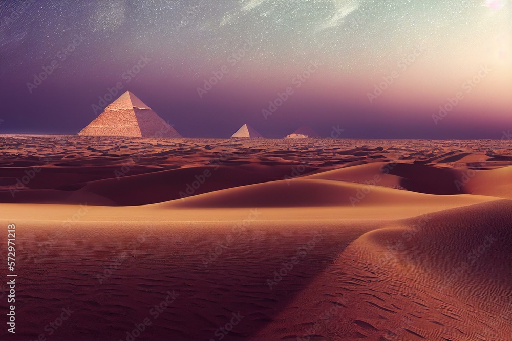 Egyptian Desert With River And Pyramids At Night. Generative AI Stock ...