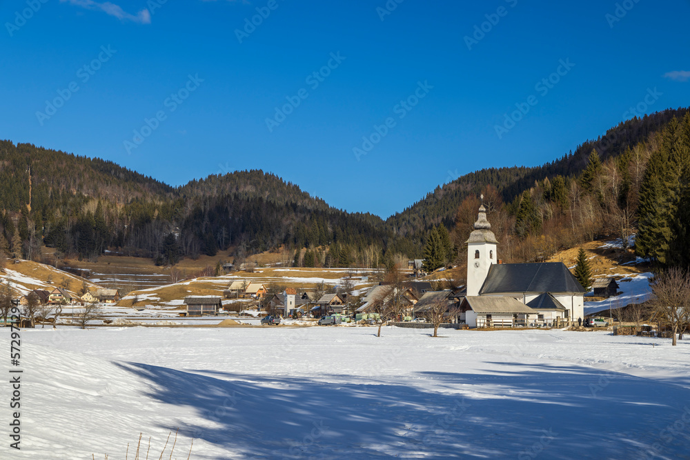Landscape with church (Cerkev Rozenvenske Marije) near Bohinjska Bistrica, Slovenia