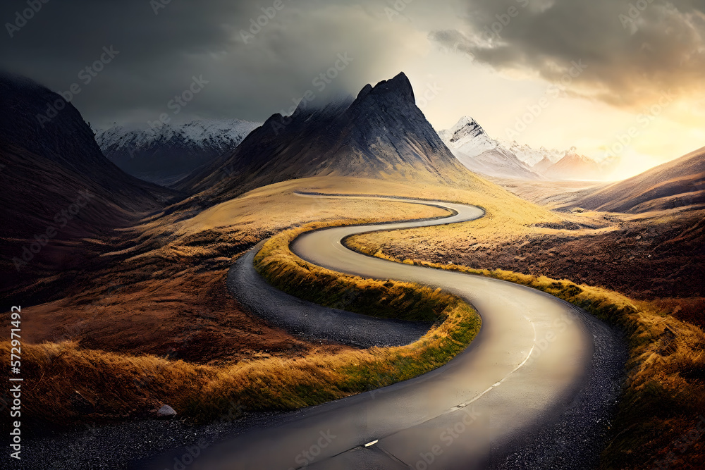 "Embrace the Journey": This inspiring winding road stretching into the distance, reminding you to embrace the journey of life and enjoy every step along the way. Generative AI - obrazy, fototapety, plakaty 