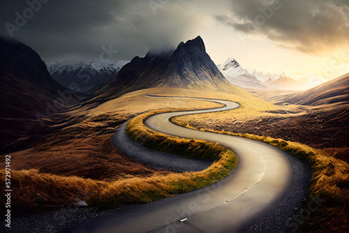 Fototapet "Embrace the Journey": This inspiring winding road stretching into the distance, reminding you to embrace the journey of life and enjoy every step along the way