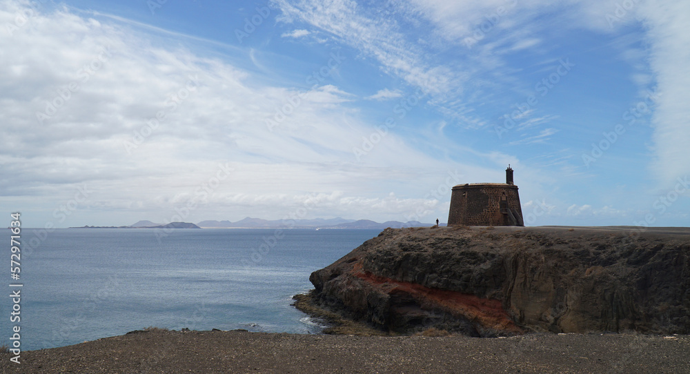 Old Napolionic Fort on cliff top at Playa Blanca Lanzarote Spain.
