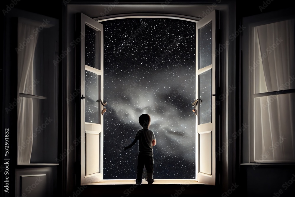 A Kid Watching Out At Big Window Open To Galaxy Sky. Midnight Time. Idea For Imagination And Dream Concept. Generative AI A Kid Watching Out At Big Window Open To Galaxy Sky. Midnight Time. Idea For Imagination And Dream Concept. Generative AI