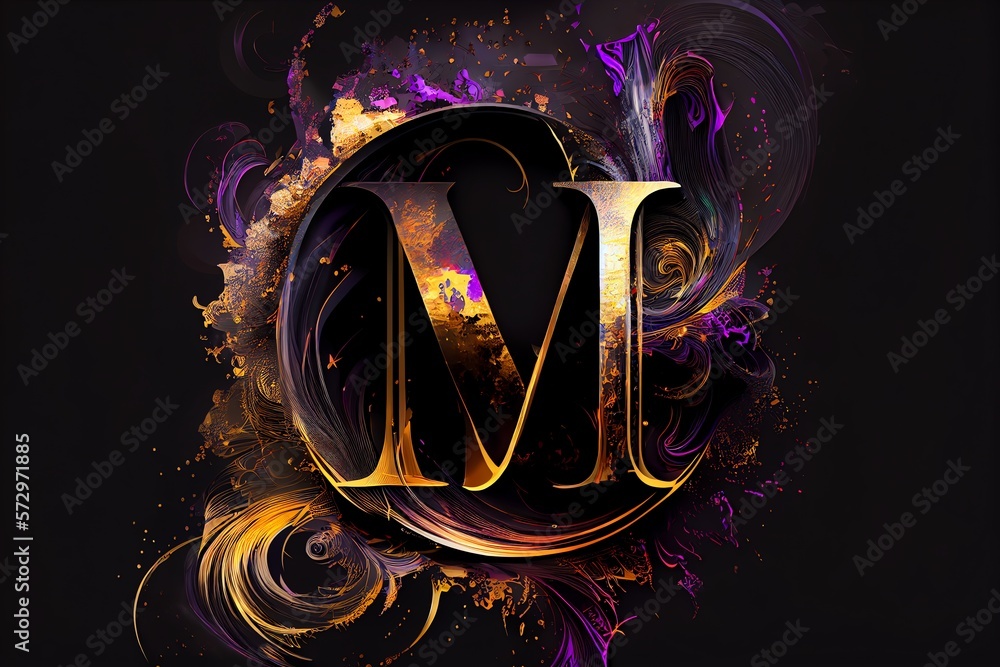 A Very Colorful Abstract Design On A Black Background With A Gold And Purple Swirl On The Bottom Of The Letter M In The Center Of The Image. Generative AI