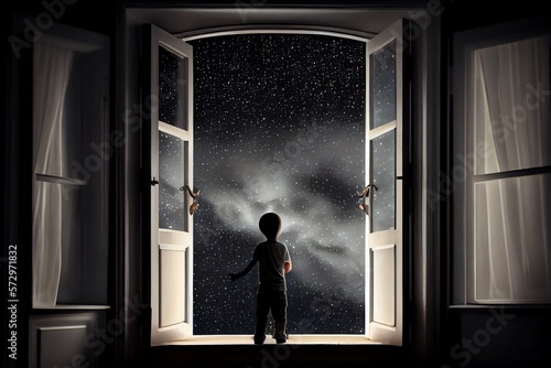 A Kid Watching Out At Big Window Open To Galaxy Sky. Midnight Time. Idea For Imagination And Dream Concept. Generative AI