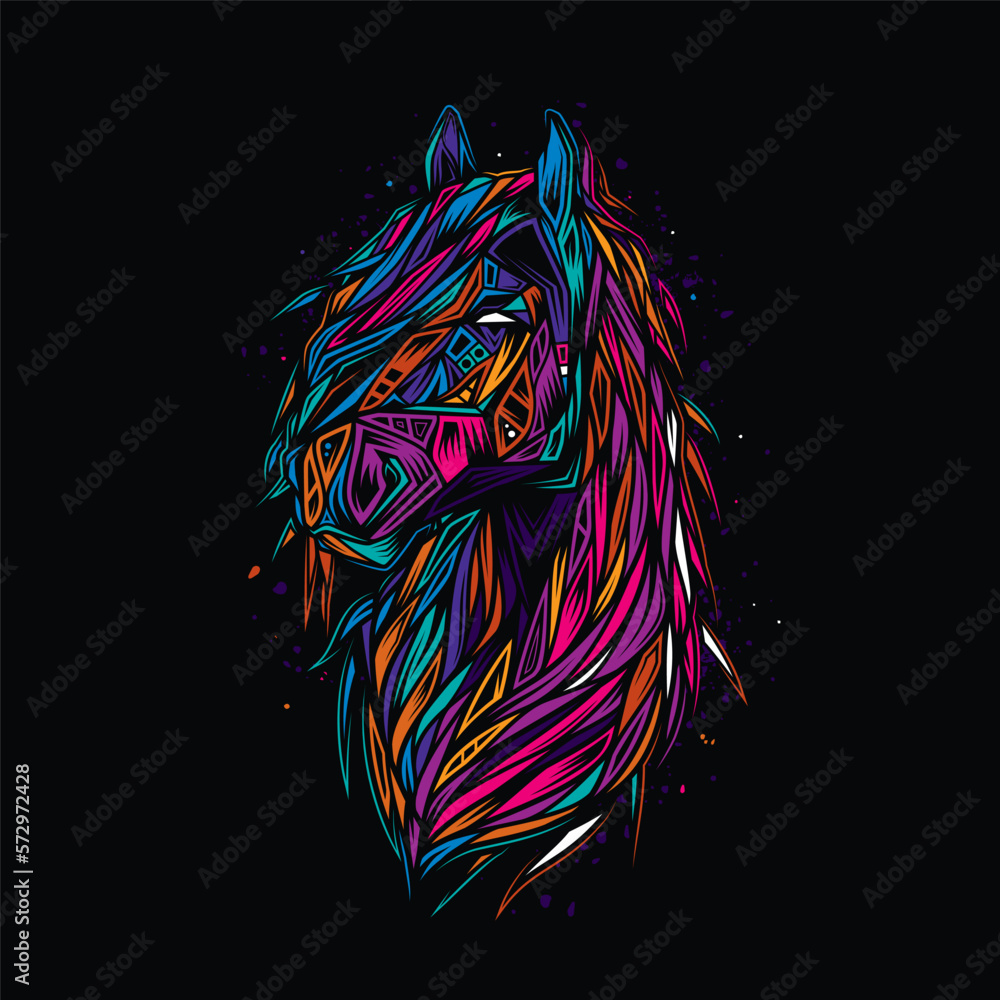 Original abstract vector illustration. Horse in neon retro style. Design for t-shirt or sticker