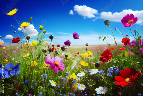 Colorful Flower Meadow In Spring. Generative AI © Pixel Matrix