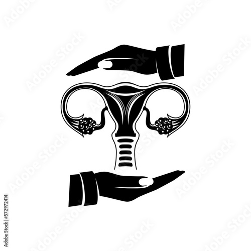 Woman holding the anatomical model of uterus and ovaries. Gynecology, intimate health of women. Treatment of the uterus. Genecology of disease and health. Vector illustration flat design.