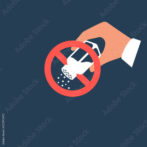 No salt red sign. Not salt. Round prohibition symbol. Stop symbol. Unhealthy food. Free sodium. MSG free. Vector illustration flat design. Isolated on white background.