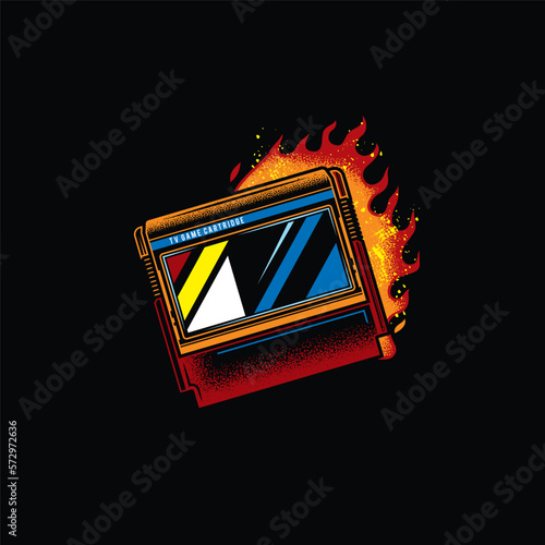 Original vector illustration of an 8-bit console game cartridge in retro style against a bright flame of fire.