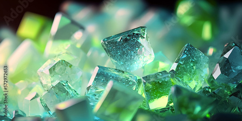 Green crystals, close-up horizontal background, digital illustration. photo