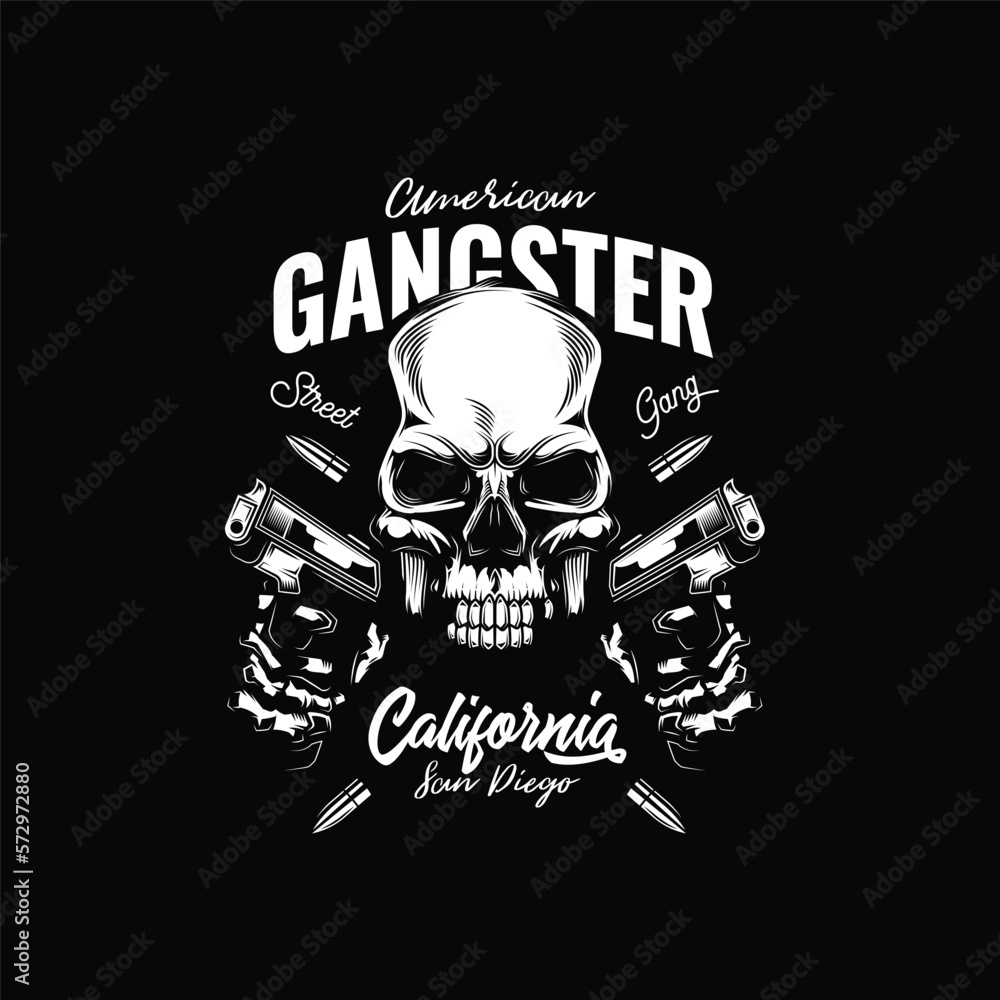 Fototapeta premium Original vector illustration in retro style. Skull bandit with two guns in his hands. T-shirt or sticker design.