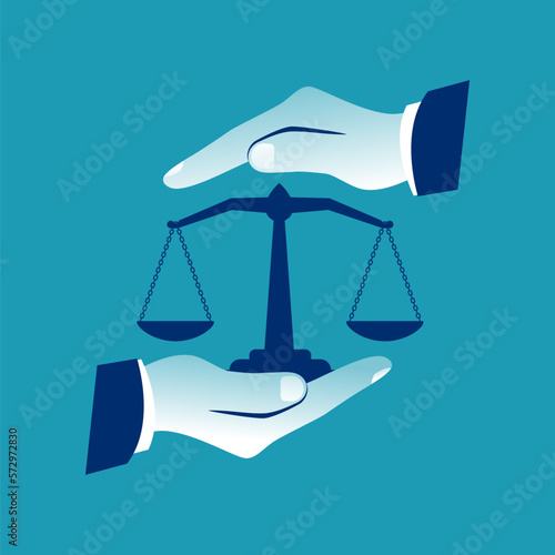 Weight scales justice hold in hand judge. Civil rights. Law and justice concept. Vector abstract illustration flat design. Isolated on background. Legal services.