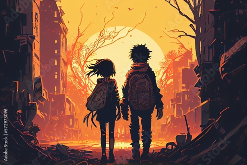 Illustration Of A Boy And A Girl Holding Hands. Walking In A Destroyed City. They Are Looking At The Bright Sun. Hoping For A Brighter Future. Generative AI © Pixel Matrix