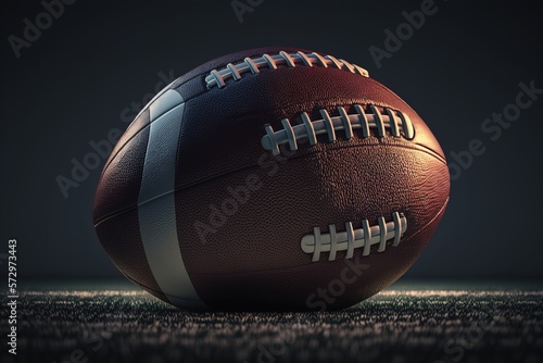 Close up image of American Football ball on the field. Generative AI photo
