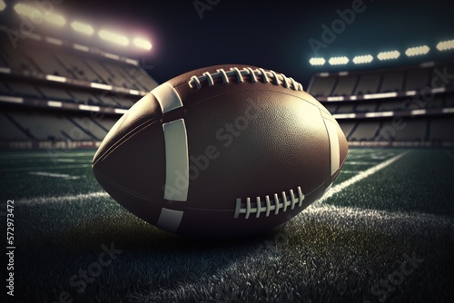 Close up image of American Football ball in front of stadium. Generative AI