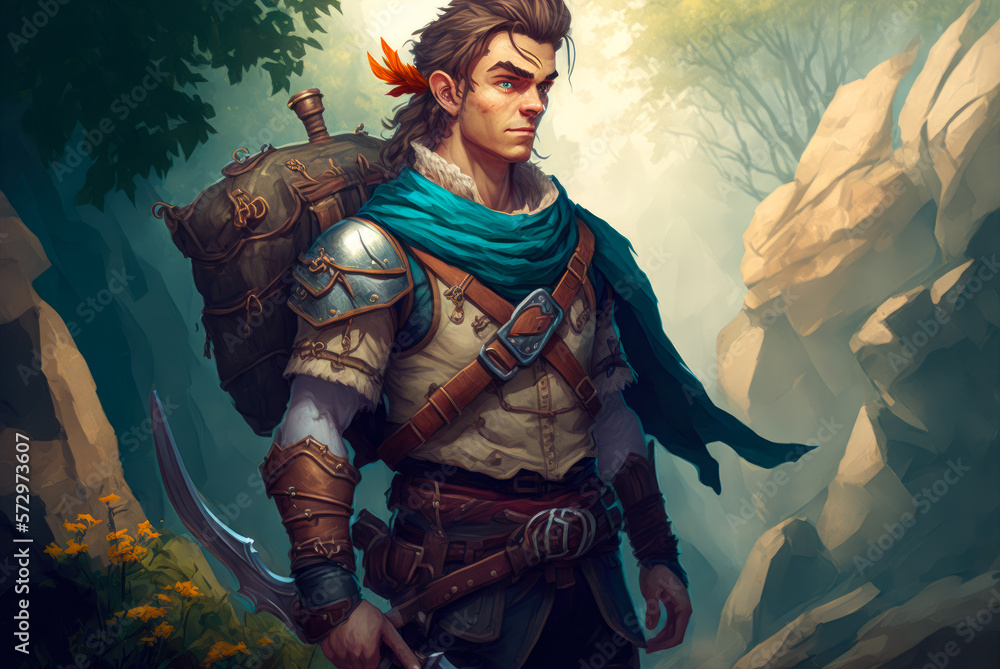 Fototapeta premium An illustration of a fantasy traveler adventurer man outdoors. Created with Generative AI, no one recognisable. Not a real person.