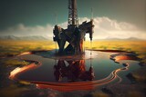 Oil Derrick And A Puddle Of Oil Spilled Next To The Well. Fountain Of Oil Pressure. Generative AI
