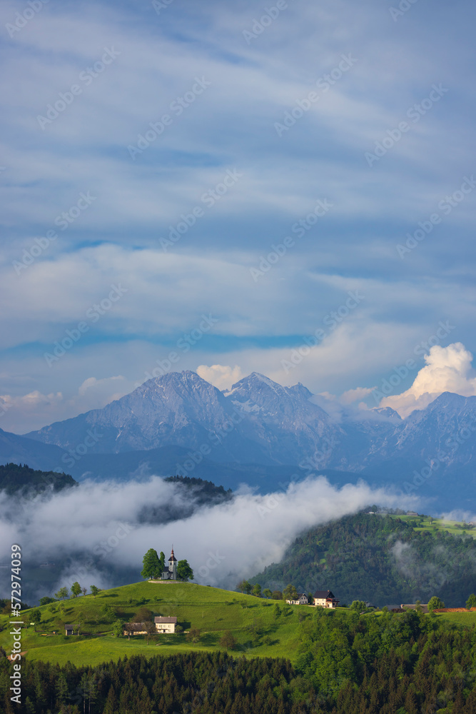 Landscape with St. Thomas Church (Cerkev Sveti Tomaz) near Skofja Loka, Slovenia