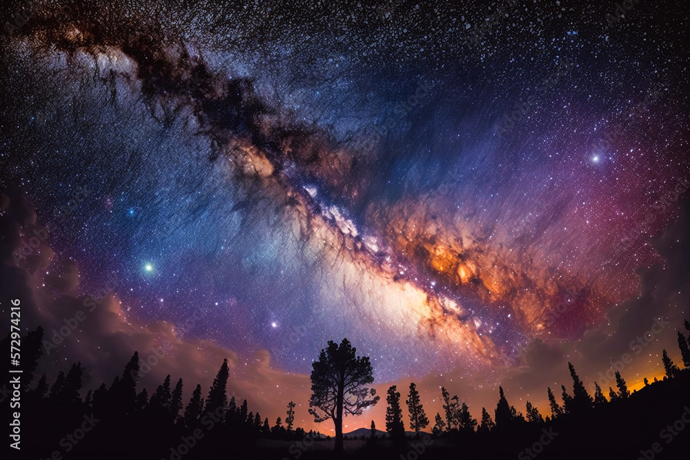 midsummer night sky with stars,milky way streaming above. Generative AI