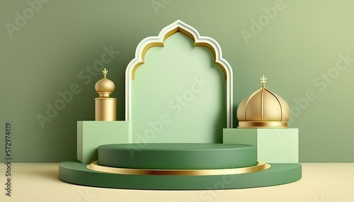 simple 3D empty product podium stage, ramadhan, sage green and gold, islamic theme for Product Display, Product presentation, mock up by ai generative