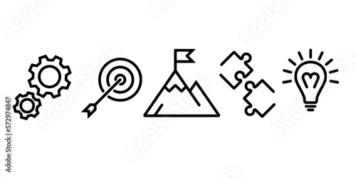 Black line business icon. Gears as a symbol of work. Target as the achievement of a goal. Mountain with flag of victory. Two pieces of the puzzle symbol of unification. Idea black line. Vector flat.